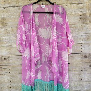 NWT Large LuLaRoe Fringed Monroe 'Kimono' - Light Purple Floral with Mint Fringe
